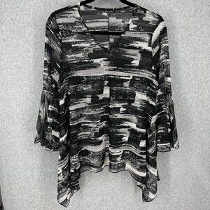 Dor Dor Couture Soft Mesh Flowy Top Size 3X Black White Arsty Witchy Bell Sleeve